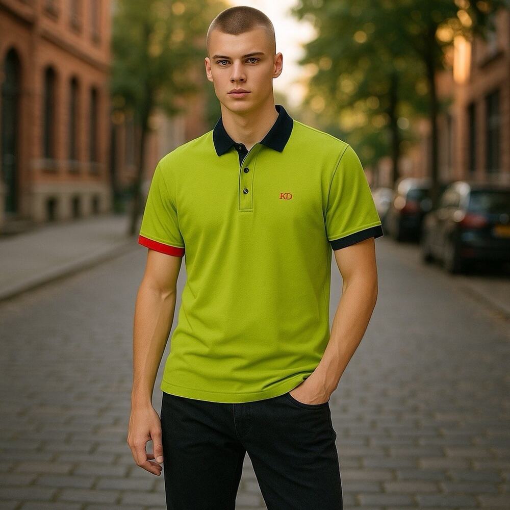 Italian XO Men’s Small Slim Lime Green Polo Shirt Navy Collar Navy Orange Bands